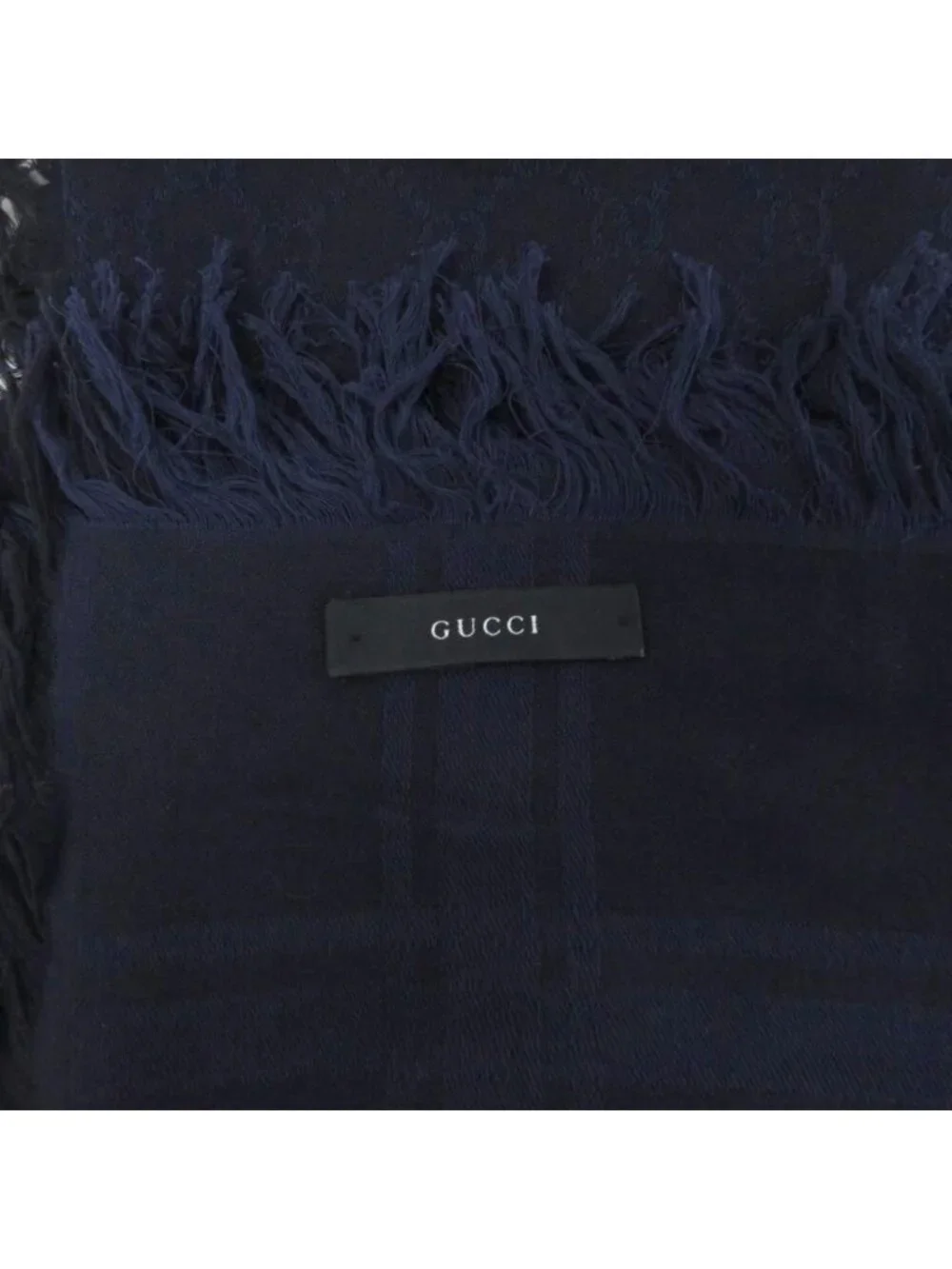 Gucci GG Pattern Scarf Shawl Fringe All Over Cotton Blue Black